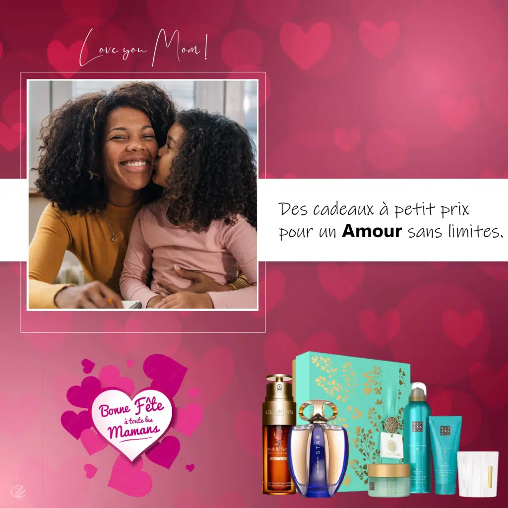 Une mère serre sa fille dans ses bras et lui sourit tandis qu'elle l'embrasse sur la joue. À droite, un texte en français d'Univers Cosmetix fait la promotion de cadeaux abordables pour la fête des Mères, avec des produits de beauté présentés en dessous sur un fond rose à motif de cœur. Dakar