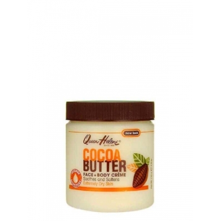 Un pot de 425 g de Crème au beurre de cacao QUEEN HELENE avec couvercle marron. L'étiquette, ornée de fèves de cacao, met en valeur ce soin nourrissant pour les peaux extrêmement sèches. Dakar