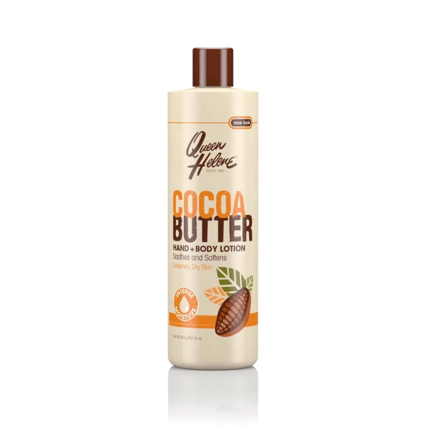 Un flacon beige de 454 g de lotion au beurre de cacao QUEEN HELENE COCOA BUTTER, similaire à la formule au beurre de cacao de Palmer, présente une image de cabosse de cacao, un texte pour les peaux extrêmement sèches et un bouchon orange. Dakar