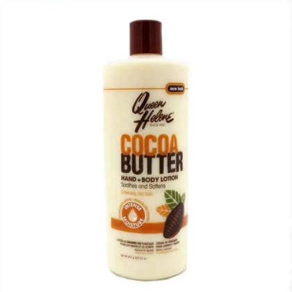 Un flacon de 907 g de lotion au beurre de cacao QUEEN HELENE avec un bouchon marron et une étiquette comportant un texte orange en gras et une image de cabosse de cacao. Dakar