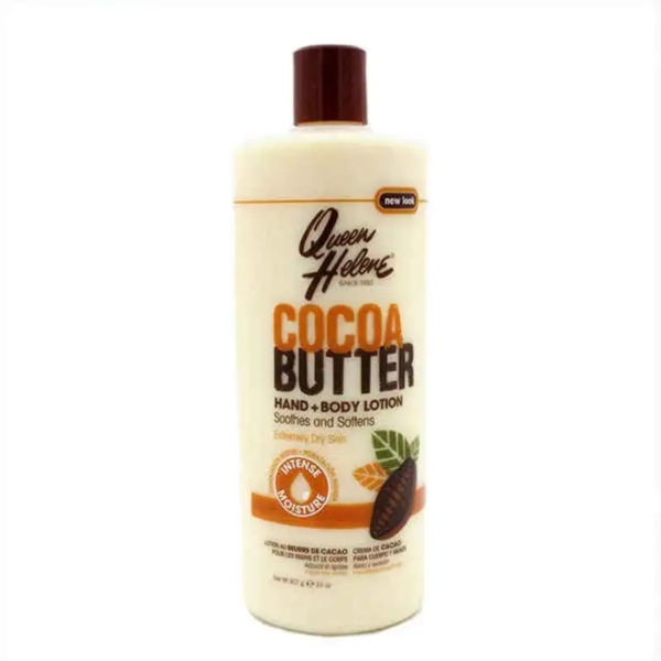 Un flacon de 907 g de lotion au beurre de cacao QUEEN HELENE avec un bouchon marron et une étiquette comportant un texte orange en gras et une image de cabosse de cacao. Dakar