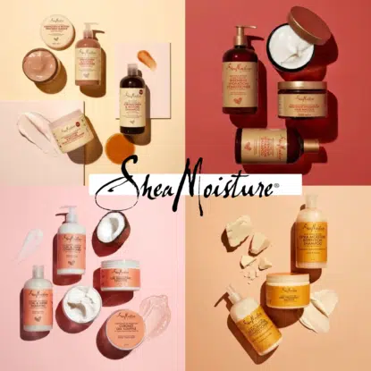 Un collage de produits de soins capillaires et cutanés SheaMoisture d'Univers Cosmetix disposés sur des fonds roses, pêche et beiges, comprenant des crèmes, des lotions et des bouteilles, avec le logo SheaMoisture au centre. Dakar