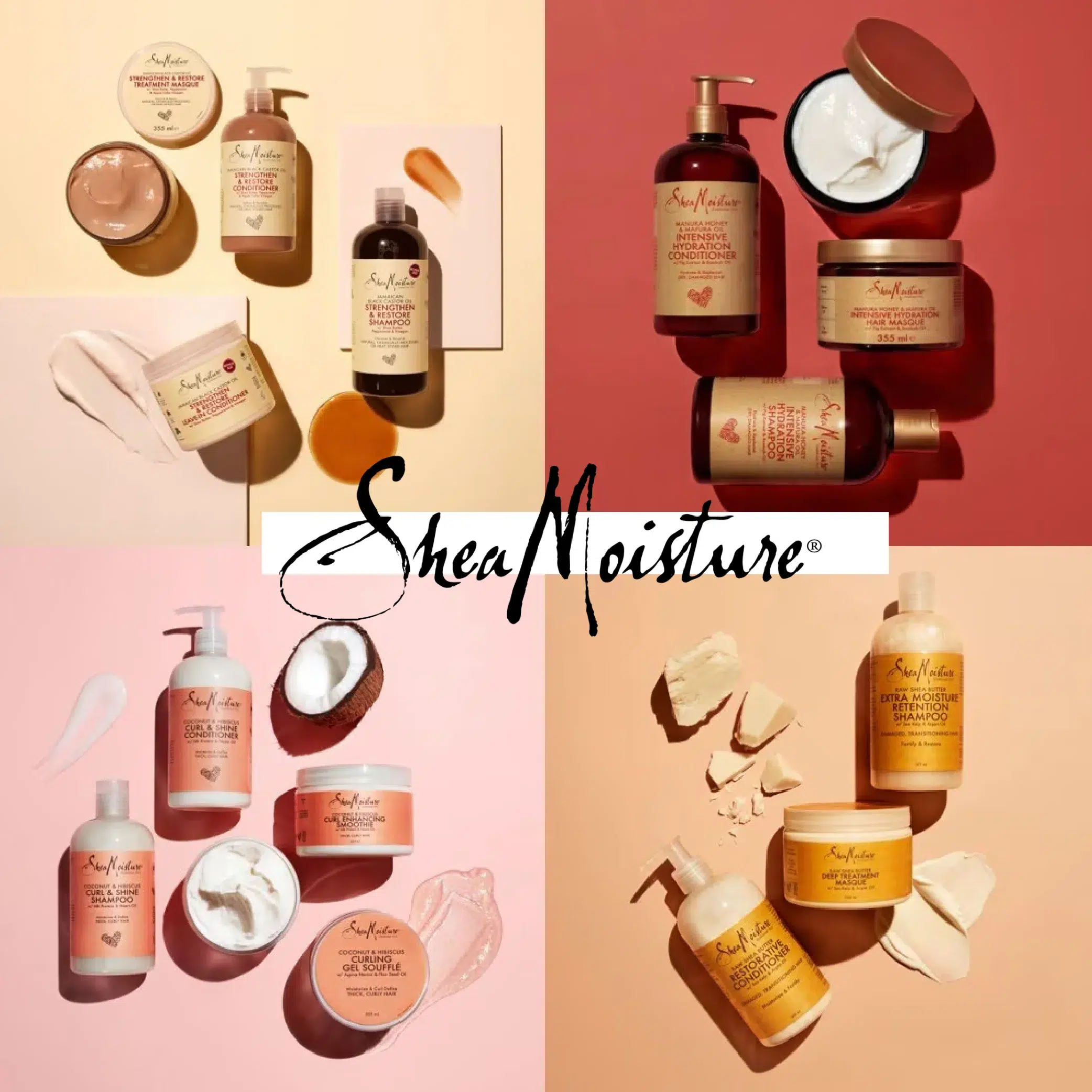 Un collage de produits de soins capillaires et cutanés SheaMoisture d'Univers Cosmetix disposés sur des fonds roses, pêche et beiges, comprenant des crèmes, des lotions et des bouteilles, avec le logo SheaMoisture au centre. Dakar