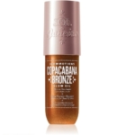 Un flacon de 75 ml de Sol de Janeiro GlowMotions Copacabana Bronze présente un bouchon en or rose métallique, un liquide bronze scintillant dans un récipient transparent et un texte blanc et métallique sur le flacon. Dakar