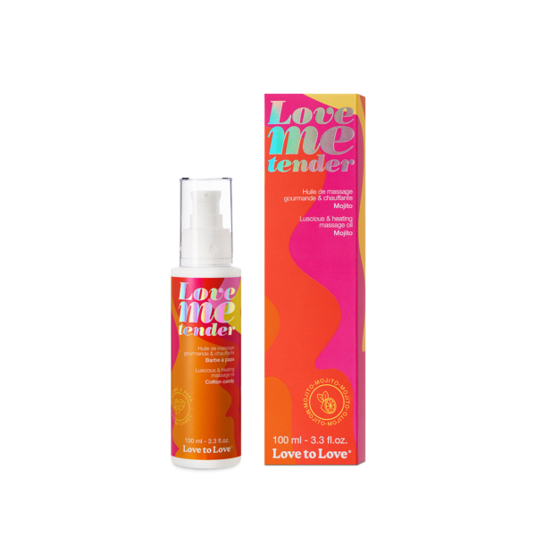 Un flacon et une boîte d'huile de massage « Love me tender », parfum mojito, dans un emballage rose vif, orange et jaune. Le flacon est muni d'une pompe et contient 100 ml. Dakar