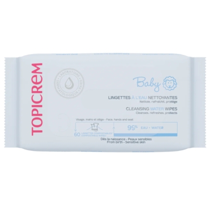 Topicrem Bébé Lingettes à l'Eau Nettoyantes Peaux Sensibles (60 lingettes) est présenté dans un emballage blanc avec inscriptions bleues et roses. Composées à 99 % d'eau, elles sont douces pour les peaux sensibles dès la naissance, comme l'ABCDerm H2O de Bioderma. Dakar