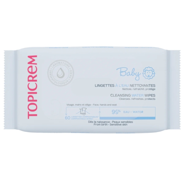 Topicrem Bébé Lingettes à l'Eau Nettoyantes Peaux Sensibles (60 lingettes) est présenté dans un emballage blanc avec inscriptions bleues et roses. Composées à 99 % d'eau, elles sont douces pour les peaux sensibles dès la naissance, comme l'ABCDerm H2O de Bioderma. Dakar