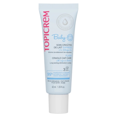 Un tube de 40 ml de Topicrem Bébé Soin Croûtes de Lait Express Anti Squames présente un texte bleu et rose sur fond blanc, traite les croûtes de lait chez les bébés et est étiqueté comme contenant 99 % d'ingrédients d'origine naturelle. Dakar