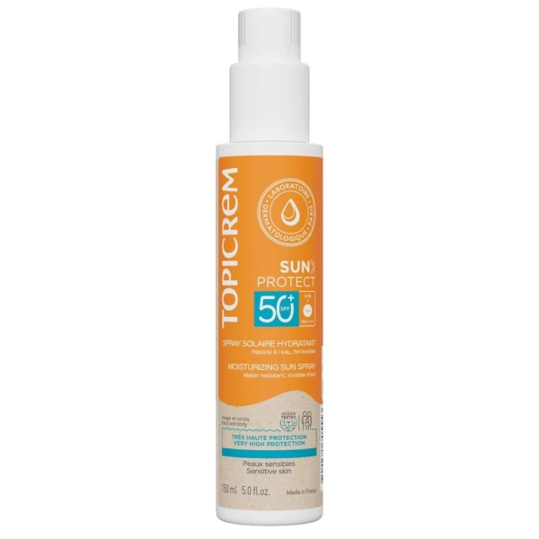 Topicrem Sun Protect Spf50 Spray Solaire Hydratant 150 ml présente une étiquette orange et blanche, est idéal pour les peaux sensibles et offre une haute protection solaire dans un flacon pulvérisateur pratique avec une buse facile à utiliser. Dakar