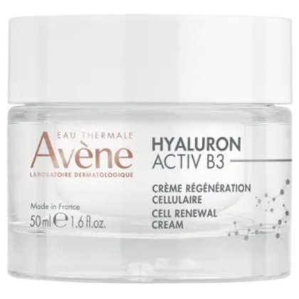 Un pot transparent d'Avène Hyaluron Activ B3 Crème Régénération Cellulaire 50 ml avec un couvercle blanc est placé à côté d'Avène Vitamine Activ Cg Crème Intensive Éclat, créant ainsi un duo de soins radieux. Dakar