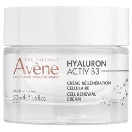Un pot transparent d'Avène Hyaluron Activ B3 Crème Régénération Cellulaire 50 ml avec un couvercle blanc est placé à côté d'Avène Vitamine Activ Cg Crème Intensive Éclat, créant ainsi un duo de soins radieux. Dakar
