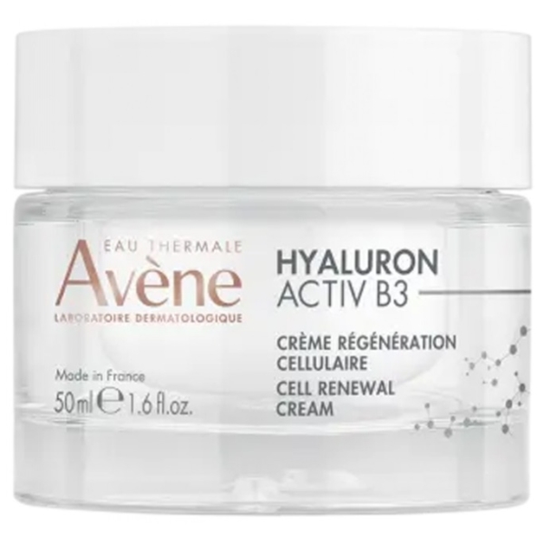 Un pot transparent d'Avène Hyaluron Activ B3 Crème Régénération Cellulaire 50 ml avec un couvercle blanc est placé à côté d'Avène Vitamine Activ Cg Crème Intensive Éclat, créant ainsi un duo de soins radieux. Dakar