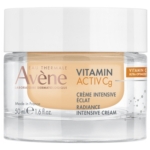 Le pot de 50 ml d'Avène Vitamine Activ Cg Crème Intensive Éclat présente un couvercle blanc, une base transparente révélant une crème beige, et une étiquette mettant l'accent sur la vitamine C et l'éclat - semblable à celle de Kojie San Crème Visage. Dakar
