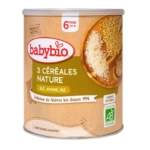 Babybio 3 Céréales Nature 6 Mois et + Bio 220 g associe blé, avoine et riz pour bébé à partir de 6 mois. L'étiquette montre des céréales et un sceau biologique. Pour plus d'options, essayez Babybio 5 Céréales Verveine Fleur d'Oranger Camomille. Dakar