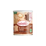 Babybio 5 Céréales Cacao avec Céréales Complètes 6 Mois et + Bio 220 g est une céréale pour bébé bio aux céréales complètes et au chocolat, riche en fibres et en fer, adaptée dès 6 mois, arborant un drapeau français sur l'étiquette. Dakar