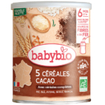 Une canette de Babybio 5 Céréales Cacao avec Céréales Complètes 6 Mois et + Bio 220 g de céréales pour bébé, biologiques et fabriquées en France, pour les bébés à partir de 6 mois, mettant en vedette des céréales et du cacao sur l'emballage. Dakar