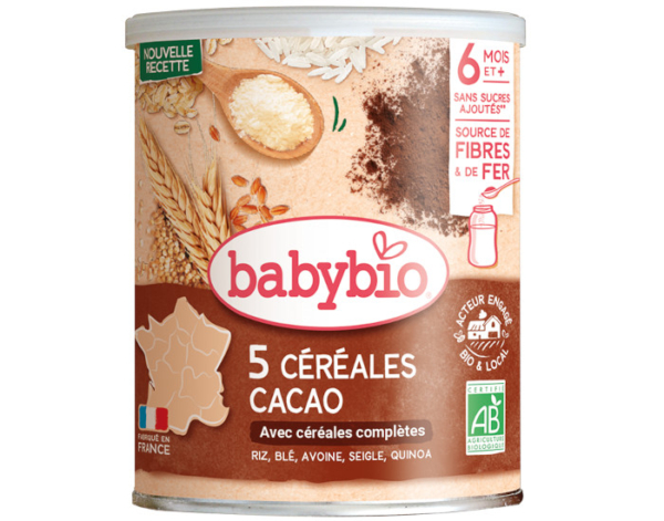 Une canette de Babybio 5 Céréales Cacao avec Céréales Complètes 6 Mois et + Bio 220 g de céréales pour bébé, biologiques et fabriquées en France, pour les bébés à partir de 6 mois, mettant en vedette des céréales et du cacao sur l'emballage. Dakar