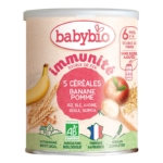 Babybio 5 Céréales Immunité Banane Pomme Riz Blé Avoine Seigle Quinoa 220 g de céréales pour bébés de 6 ans et plus, avec banane, pomme et céréales sur l'emballage. Mêmes céréales que la gamme Vanille, sans sucres ajoutés. Dakar