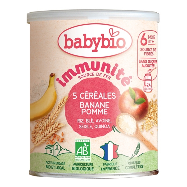 Babybio 5 Céréales Immunité Banane Pomme Riz Blé Avoine Seigle Quinoa 220 g de céréales pour bébés de 6 ans et plus, avec banane, pomme et céréales sur l'emballage. Mêmes céréales que la gamme Vanille, sans sucres ajoutés. Dakar