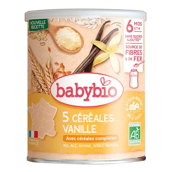 Une canette de Babybio 5 Céréales Vanille Riz Blé Avoine Seigle Quinoa 220g, comme la Babybio 3 Céréales Nature 6 Mois et + Bio, présente des grains, une fleur de vanille et un bol de céréales sur son emballage, qui met également en avant la certification biologique et les informations nutritionnelles. Dakar