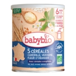 Babybio 5 Céréales Verveine Fleur d'Oranger Camomille 220g est une céréale bio pour bébés de 6 mois et plus, avec des grains et des fleurs sur l'étiquette, des logos de certification bio et la qualité de confiance de Babybio visible dans sa gamme de céréales complètes. Dakar