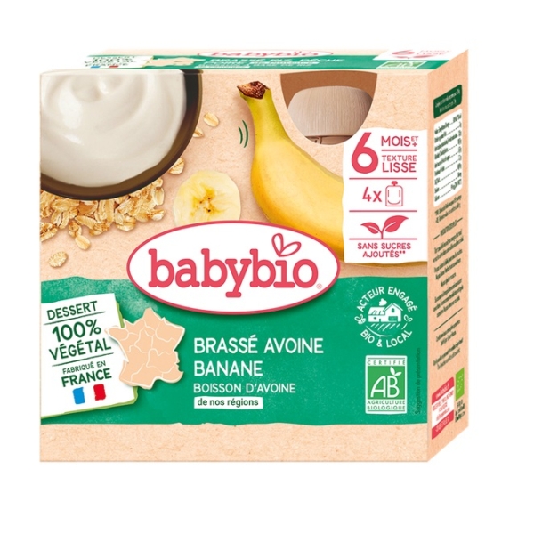 Babybio Desserts végétaux bébé Brassé Végétal Avoine Banane, en pack de 4 sachets de 85g, est un dessert végétal bio français à base d'avoine et de banane pour bébé, adapté dès 6 mois, avec la banane et l'avoine présentes sur son emballage écologique. Dakar
