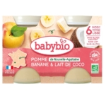 Le Babybio Pomme de Nouvelle-Aquitaine Banane Lait de Coco (2 pots de 130 g) est composé de pommes, de banane et de noix de coco. Il est bio, fabriqué en France, sans sucres ajoutés, sans lait et sans gluten. L'étiquette indique « Pomme Banane & Lait de Coco ». Dakar