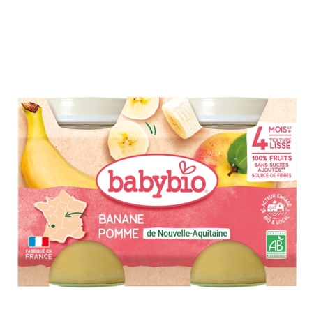 Babybio Banane Pomme 4 Mois et plus Bio propose deux pots de 130g de purée de bananes et de pommes bio, adaptée aux bébés à partir de 4 mois, fabriquée en France avec des ingrédients d'origine locale. Dakar
