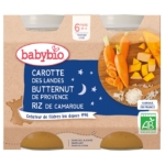 Babybio Bonne Nuit Carotte Butternut Riz 6 Mois et + Bio propose 2 petits pots de 200 g de purée bio pour bébé à base de carottes, de courge butternut et de riz de Camargue. Fabriqué en France, il convient dès 6 mois pour un repas du soir tout en douceur. Dakar