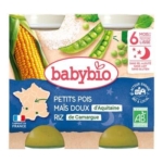 La face avant de Babybio Bonne Nuit Petits Pois Maïs Doux Riz 6 Mois et + Bio (2 x 200 g) présente des pois, du maïs et du riz, met en avant une texture onctueuse pour les bébés de 6 mois et plus, une certification biologique et des ingrédients français en français. Dakar