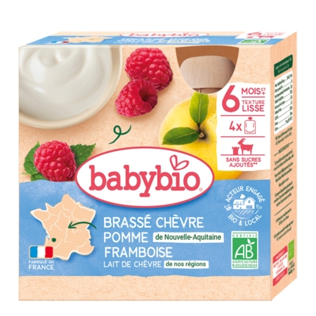 Babybio Brassé Chèvre Pomme de Nouvelle Aquitaine Framboise 6 Mois et plus Bio (4x85g) est un yaourt bio pour bébé à la pomme et à la framboise, au lait de chèvre local, sans sucres ajoutés et d'origine française. L'emballage présente des images de fruits et de yaourts. Dakar