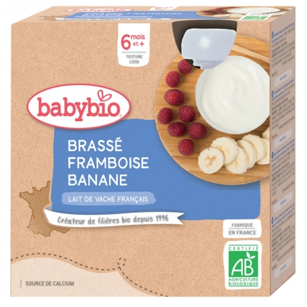 Babybio Brassé Framboise Banane 6 Mois et plus Bio 4 Gourdes de 85 g