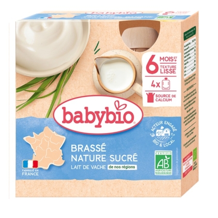 Un pack de 4 Babybio Desserts lactés bébé Brassé Nature Sucré (4x85g), un dessert lacté sucré pour bébé à partir de 6 mois, à base de lait de vache, d'origine française et source de calcium avec une texture onctueuse sur l'emballage. Dakar