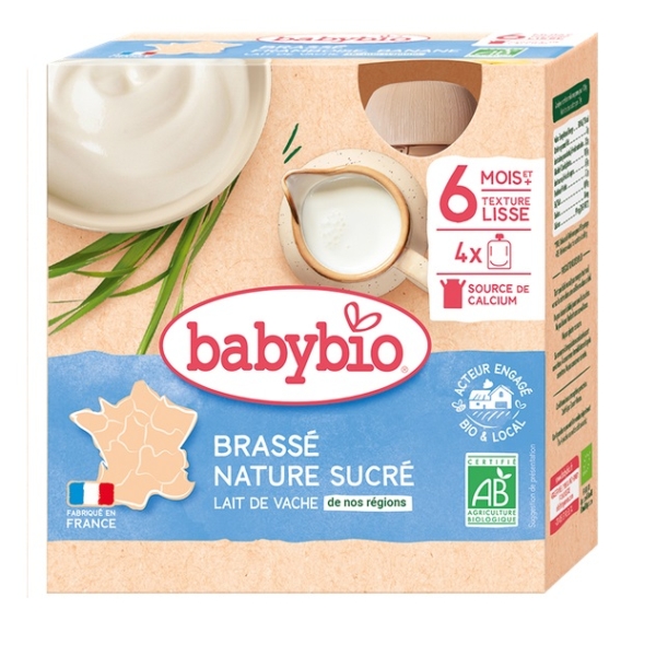 Un pack de 4 Babybio Desserts lactés bébé Brassé Nature Sucré (4x85g), un dessert lacté sucré pour bébé à partir de 6 mois, à base de lait de vache, d'origine française et source de calcium avec une texture onctueuse sur l'emballage. Dakar