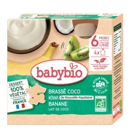 Babybio Brassé Végétal Coco Kiwi Banane 6 Mois et plus Bio, 4 gourdes de 85g : dessert 100% végétal à la noix de coco, kiwi et banane, adapté dès 6 mois et fabriqué en France. Dakar