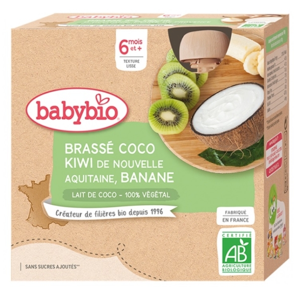 Babybio Brassé Végétal Coco Kiwi Banane Bio, 4 gourdes de 85g, dès 6 mois. L’emballage affiche kiwi, banane et coco. Découvrez aussi Babybio Brassé Coco Pomme Nouvelle Aquitaine Poire Provence. Dakar