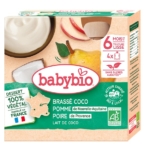 Un pack de 4 desserts végétaux Babybio pour bébé, à la noix de coco, à la pomme de Nouvelle-Aquitaine et à la poire de Provence. À partir de 6 mois, l'emballage présente des images de fruits et des logos de certification française. Dakar
