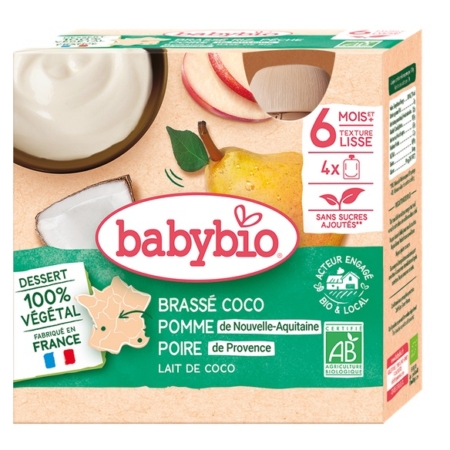 Un pack de 4 desserts végétaux Babybio pour bébé, à la noix de coco, à la pomme de Nouvelle-Aquitaine et à la poire de Provence. À partir de 6 mois, l'emballage présente des images de fruits et des logos de certification française. Dakar