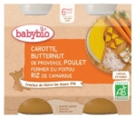 Vue de face du packaging babybio Carotte Butternut de Provence, Poulet Fermier du Poitou, Riz de Camargue 6 Mois et + Bio (2 x 200g). L'étiquette montre la carotte, le butternut, le poulet et le riz. Convient aux bébés de 6 mois et plus. Dakar