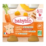 Vue de face du Babybio Maïs Doux Poulet 8 Mois et + Bio (2 x 200 g), montrant des images de carotte, de potiron, de poulet et de riz. L'étiquette met en évidence les ingrédients biologiques, l'origine et le fait que le produit convient aux bébés à partir de 8 mois. Dakar