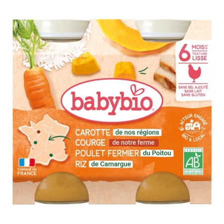 Vue de face du Babybio Maïs Doux Poulet 8 Mois et + Bio (2 x 200 g), montrant des images de carotte, de potiron, de poulet et de riz. L'étiquette met en évidence les ingrédients biologiques, l'origine et le fait que le produit convient aux bébés à partir de 8 mois. Dakar