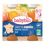 L'emballage de la préparation pour bébé Babybio Carotte de nos régions, Patate douce des Landes Blé, présente des carottes, des patates douces et du blé. Le texte en français met en avant les ingrédients et les bienfaits, avec des labels de qualité bio et d'origine française. Le paquet contient 2 pots de 200 g. Dakar