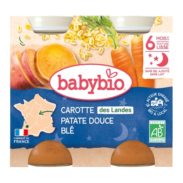L'emballage de la préparation pour bébé Babybio Carotte de nos régions, Patate douce des Landes Blé, présente des carottes, des patates douces et du blé. Le texte en français met en avant les ingrédients et les bienfaits, avec des labels de qualité bio et d'origine française. Le paquet contient 2 pots de 200 g. Dakar