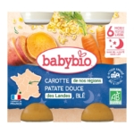 Babybio Carotte de nos régions Patate douce des Landes Blé Petits pots 2x200g : recette bio, lisse, dès 6 mois, fabriquée en France, avec légumes français illustrés sur une carte de France sur l'emballage. Dakar
