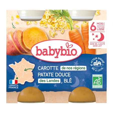 Babybio Carotte de nos régions Patate douce des Landes Blé Petits pots 2x200g : recette bio, lisse, dès 6 mois, fabriquée en France, avec légumes français illustrés sur une carte de France sur l'emballage. Dakar