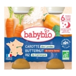 Babybio Bonne Nuit Carotte Butternut Riz 6 Mois et + Bio, 2 pots de 200 g, est un repas bébé dès 6 mois d'origine française, certifié bio et illustré de carottes, butternut et riz sur l'emballage. Dakar