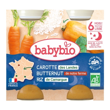 Babybio Bonne Nuit Carotte Butternut Riz 6 Mois et + Bio, 2 pots de 200 g, est un repas bébé dès 6 mois d'origine française, certifié bio et illustré de carottes, butternut et riz sur l'emballage. Dakar