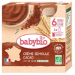 Babybio Crème Semoule Cacao 8 Mois et Plus Bio (4 x 85 g) est un aliment pour bébé onctueux au lait de vache et au cacao. Son emballage français affiche une carte de France, du blé et des logos de certification, et reflète la qualité de Babybio Kiwi de Nouvelle-Aquitaine Mangue Lait de Coco. Dakar