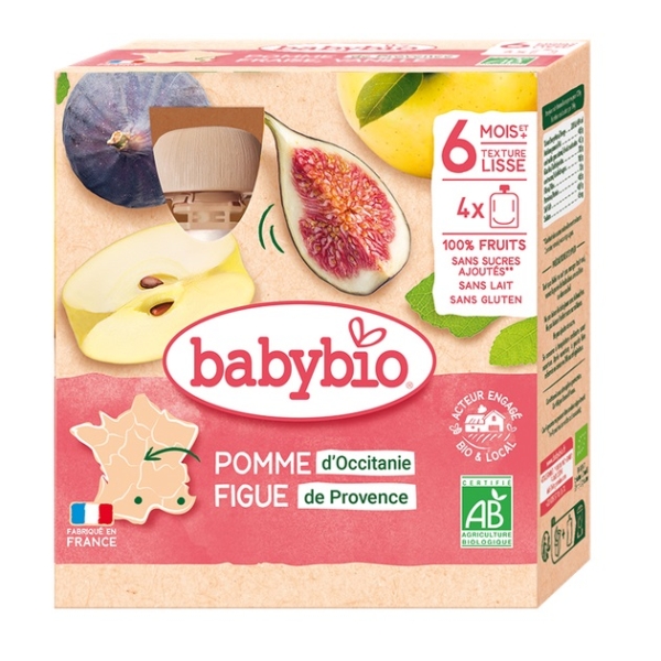 Babybio Fruits bébé Pomme d'Occitanie Figue de Provence Pack de 4 gourdes de 90g propose une purée de pommes et de figues tranchées, 100% fruits, sans sucre ajouté, sans gluten ni lait. Fabriqué à la Pomme d'Occitanie, convient aux bébés à partir de 6 mois. Dakar