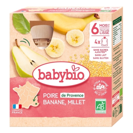 Babybio Poire Banane Millet 6 Mois et plus Bio, pack de 4 gourdes de 90g, met en avant des images de poire, banane et millet. Certifié bio, d'origine française, adapté aux bébés dès 6 mois. Dakar